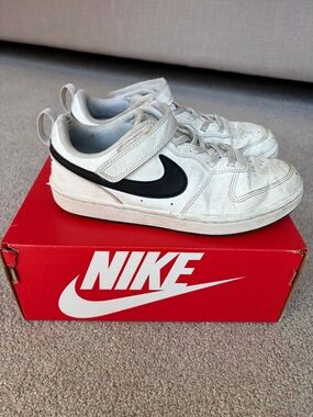 Nike Kids White Sneakers with Black Swoosh Velcro